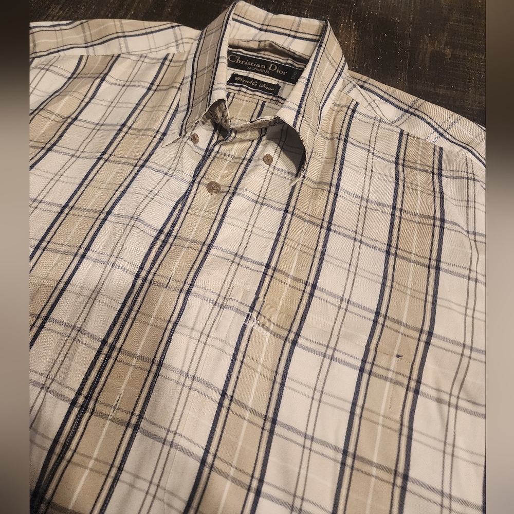 Dior Vintage Men's Short Sleeve Wrinkle-free Shirt - Tan and Navy Size L